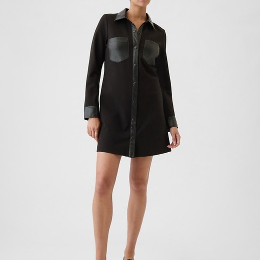 GAP Black Faux Leather Trim ponte Shirt Dress